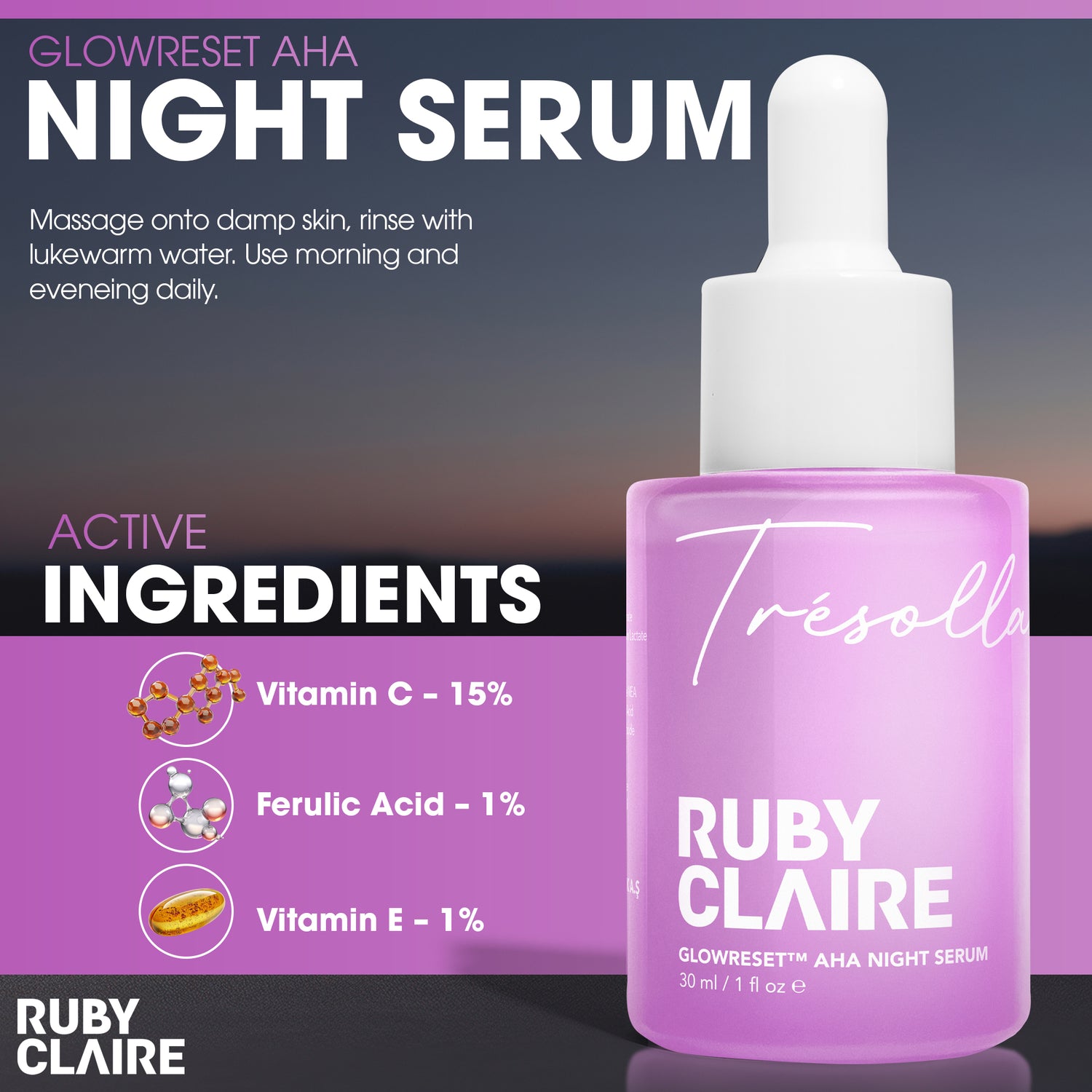 GLOWRESET™ AHA Night Serum – Exfoliating Serum with Glycolic Acid, Fruit AHA & Centella – 30ml